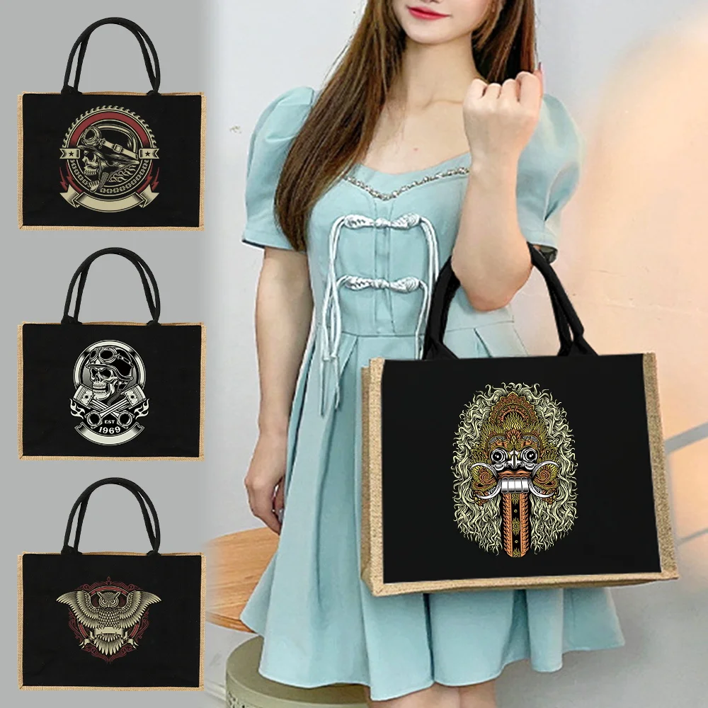 

Джутовая сумка-шоппер, льняная сумка через плечо, имитация джутовых мешков, льняные сумки, женские сумки для покупок, дизайнерские сумки с различными принтами черепов 2026