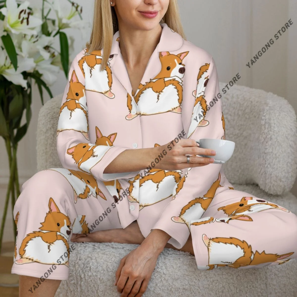Funny Corgi Dog Pattern Womens Pajamas Loungewear Two-piece Sleepwear Button-Down Full Sleeve Long Pajamas Set