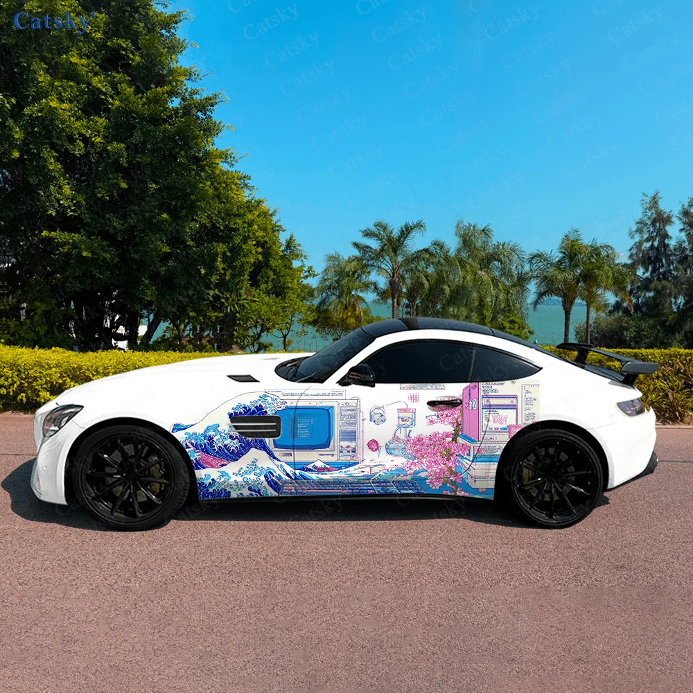 

Винтажные розовые волны, цветы, автомобильные виниловые наклейки, самоклеящаяся наклейка из ПВХ, подходит для грузовиков, внедорожников, декор, автоаксессуары, подарок