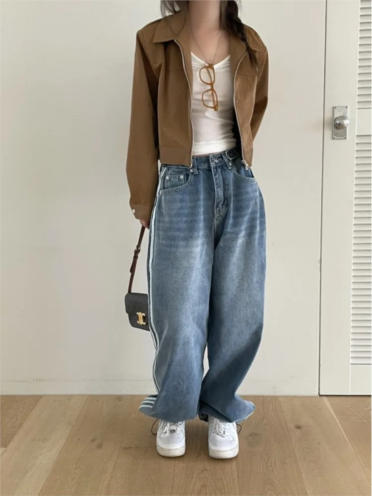 الجينز مخطط المرقعة طويلة الخريف واسعة الساق بانت المرأة فضفاضة مطوي الكورية نمط السيدات السراويل موضة السراويل امرأة غير رسمية