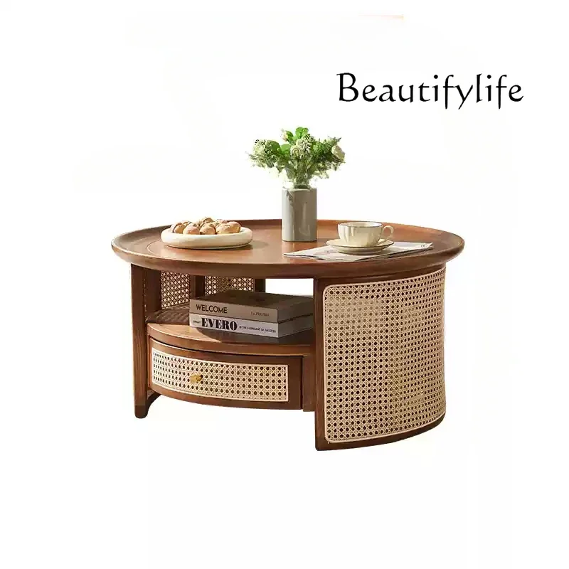 

Nordic round coffee table Japanese-style bed and breakfast rattan furniture wabi-sabi style retro solid wood rattan round table