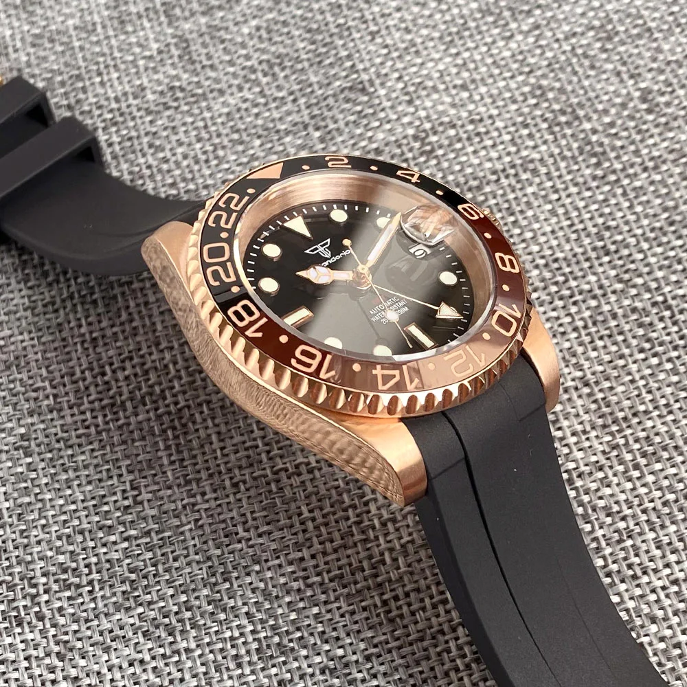 CUSTOM 40 มม.NH34 คลาสสิก Full Rose Golden GMT นาฬิกา 200 M กันน้ํา Sapphire แก้วคริสตัลอัตโนมัตินาฬิกาข้อมือผู้ชาย