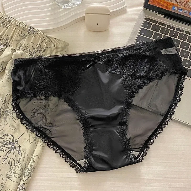 Girls Briefs Japanese Lace Sexy Underwear Women's Ice Silk Breathable Mesh Bow Pure Cotton Crotch Mid Waist Triangle Panties