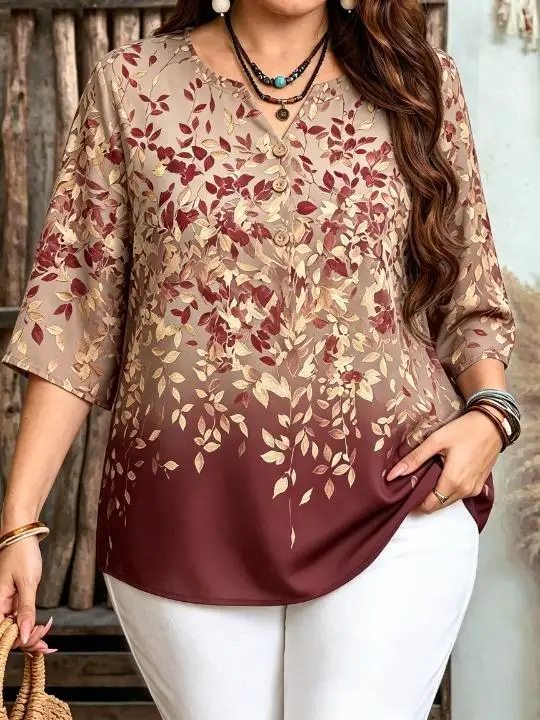 Women Gradient Watercolor Leaf Print Blouse For Curvy Figures Notched Neck 3/4 Sleeve Loose Casual Ladies Tops