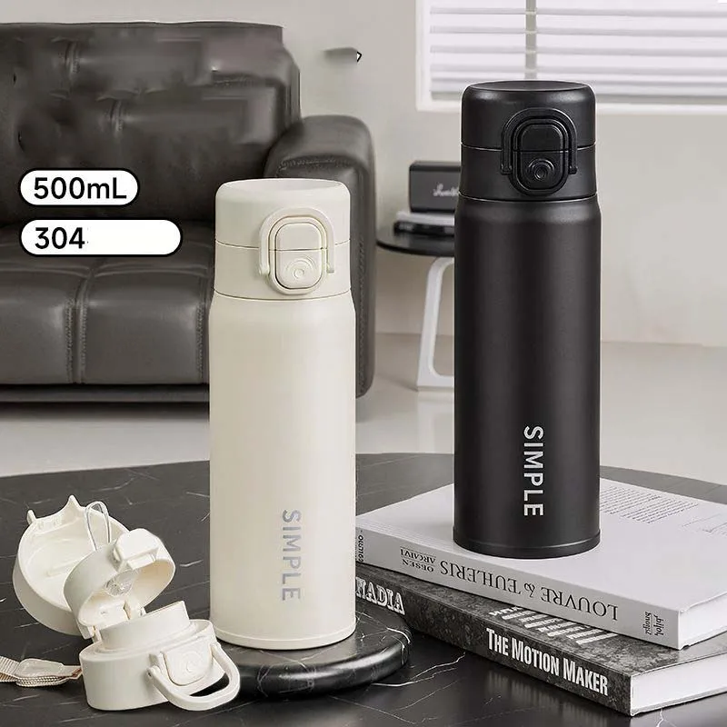 500ML 304 Stainless Steel Thermos Bottle One Click Open Flip Lid Vacuum Insulated Water Flask Simple Style Travel Drinking Cup