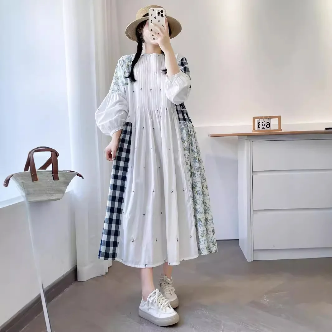 

SuperAen 2024 Autumn New Loose Oversize Patchwork Floral Round Neck Long Sleeved Pullover Dress