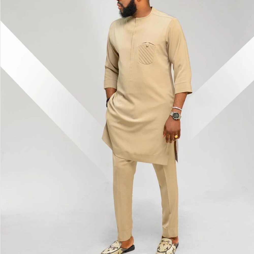 2024 New Men\'s Clothing Men\'s Two-piece Pants Set Round Neck Stitching Solid Color Short Sleeve Festival Social Ethnic Style