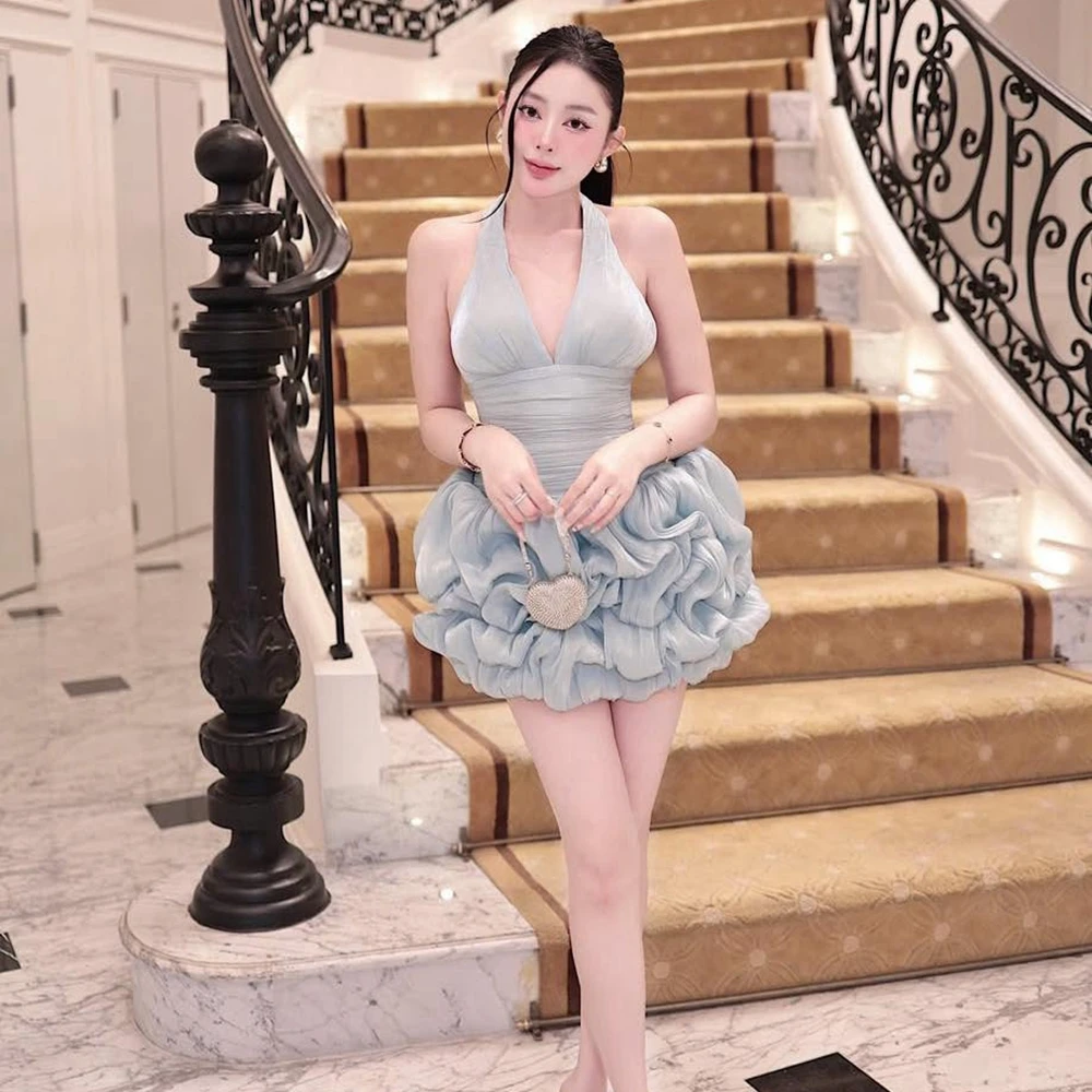 

Pretty Halter Neck Ruffled Mesh Mini Dress Women's Summer Party Clubwear Sexy V Neck Short Prom Dress Puffy Tulle Party Gowns