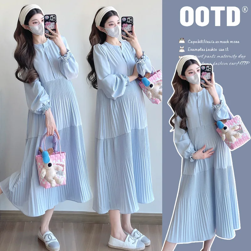 2026 New Autumn Maternity Midi Dress Loose Slim Flattering Pleated Versatile Elegant Mid Length Pregnancy Dress Pregnant Women
