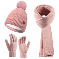 3pcs Fleece Lined Solid Color Hat Scarf Gloves Set Warm Wool Thermal Knit Cap Fashion Soft Winter Beanie Hat Women/men