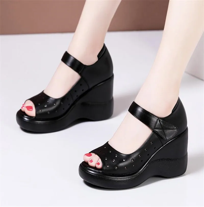 

Genuine Leather Women Shoes Women Platform Pumps Women Open toe Wedges Sandals Fashion Comfort Soft Cowhide Mom Shoes Size 32-43