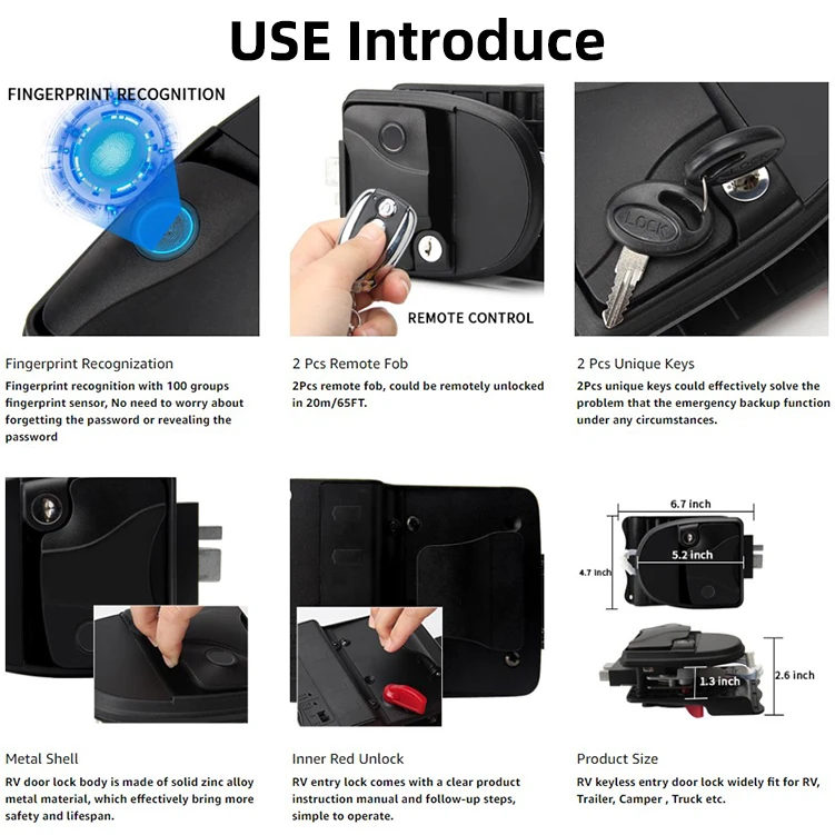 RV Keyless Entry Door Lock com chave, remoto, RV Camper, Travel Trailer