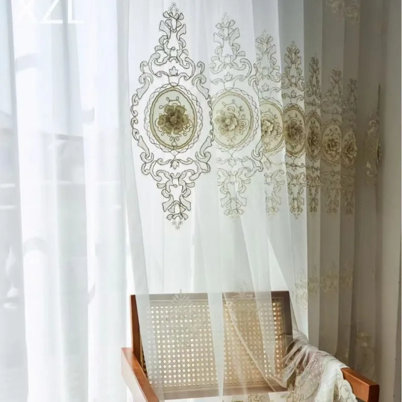 Custom Size European Embroidered Window Screens Shine Luxury Curtains for Living Dining Room Bedroom Sheer Fashion White Tulle