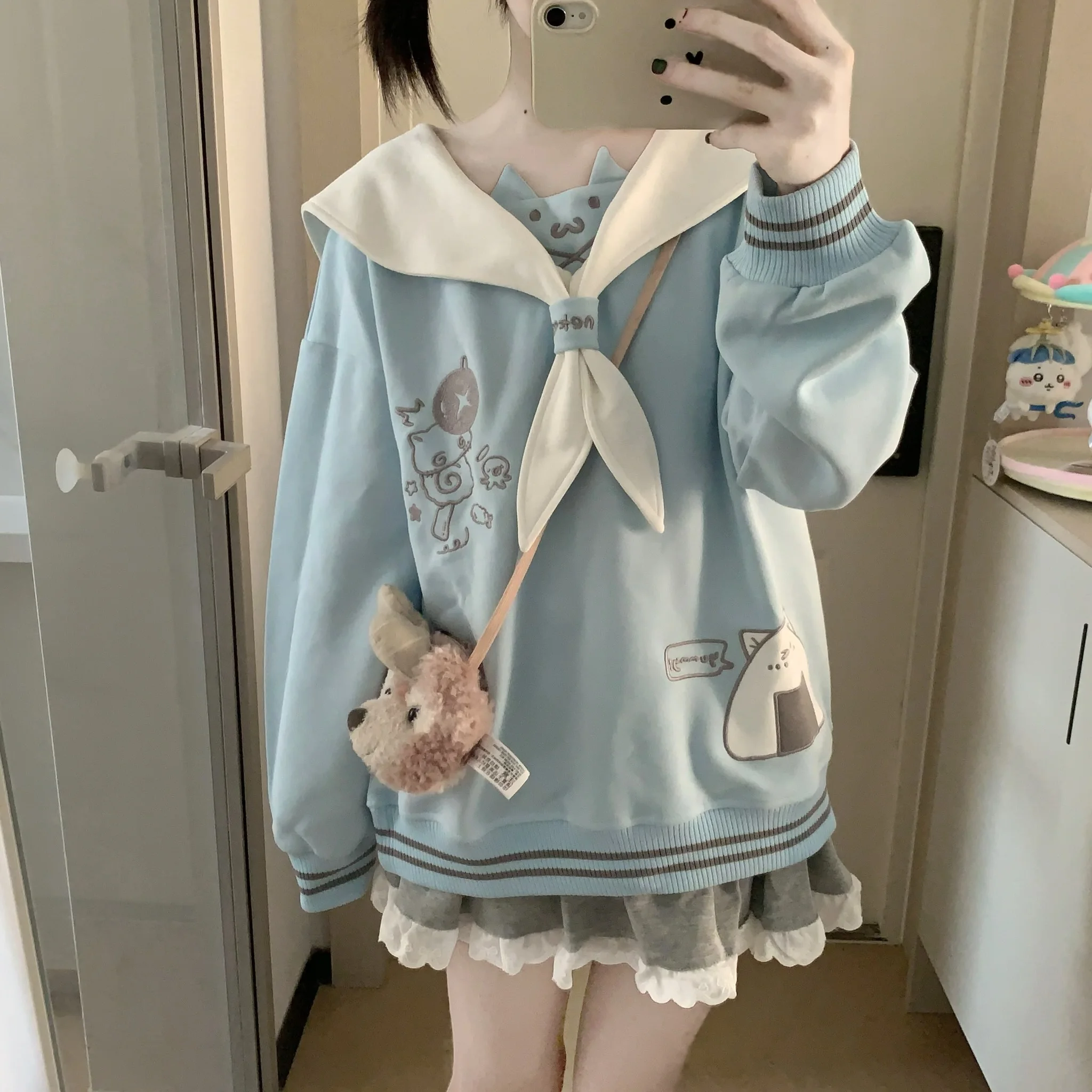 

Navy Collar Soft Girl Color Block Cat Embroidery Sweatshirt Women Autumn New Loose Pullover College Style Japanese Sports Shirt