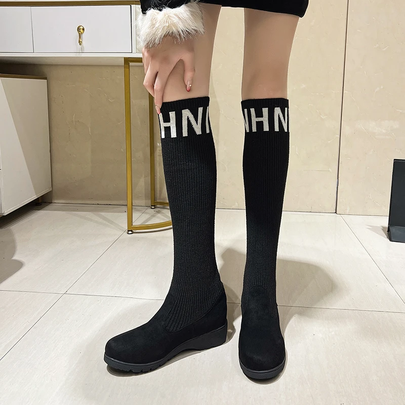 New Women's High-heeled Over-the-knee Boots Are Popular in Winter Knitted Wool Wedge Elastic Socks and Boots Boats Zapatos Mujer
