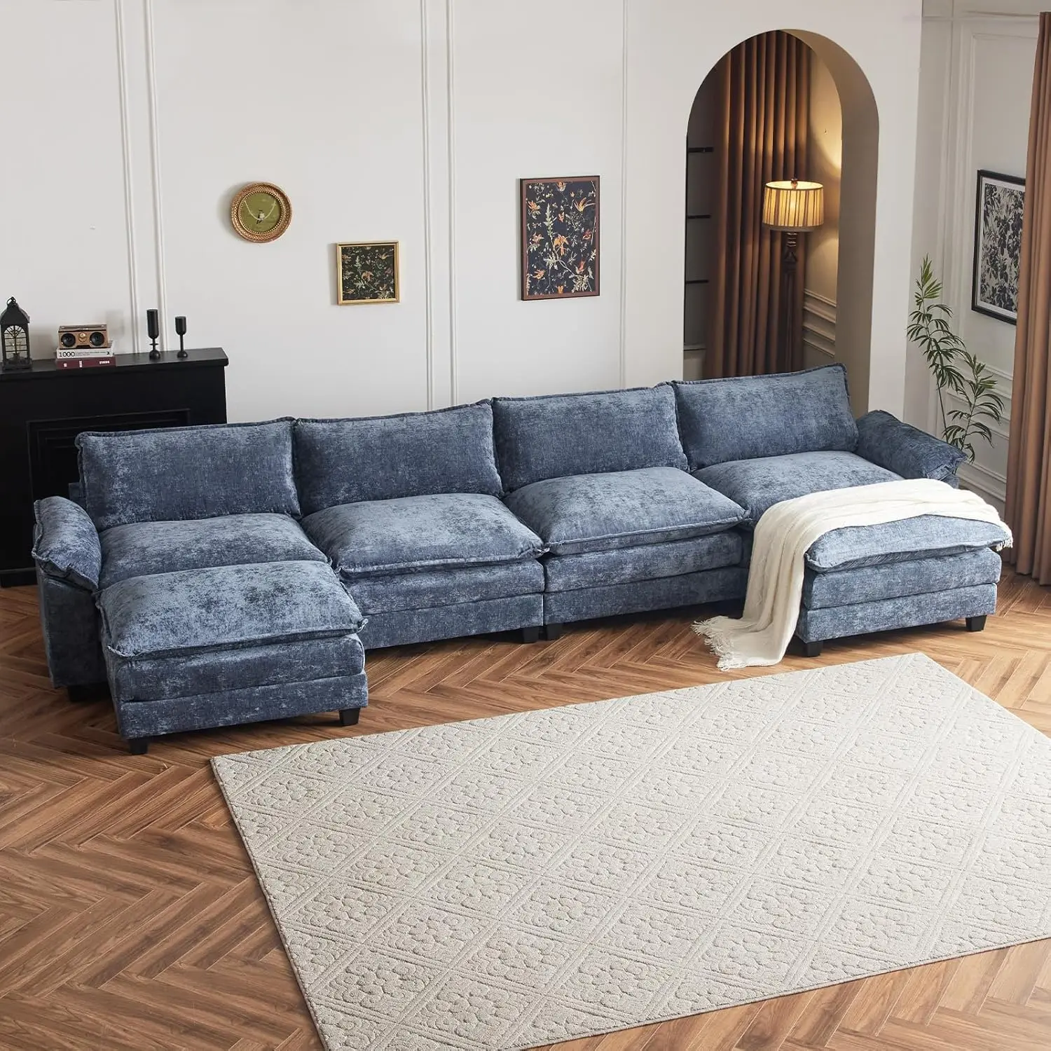 

Sectional Sofa Modular Deep Seat Sofa Couch with Ottoman, Chenille Sofa Sleeper Comfy Upholstered Furniture for Living