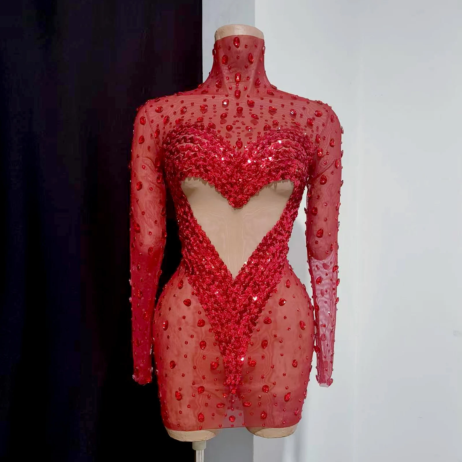 Luxus Rote Pailletten Kristall Mesh Kleid Sexy Geburtstag Prom Outfit Abend Party Bühne Sängerin Kostüm Nachtclub Drag Queens Show