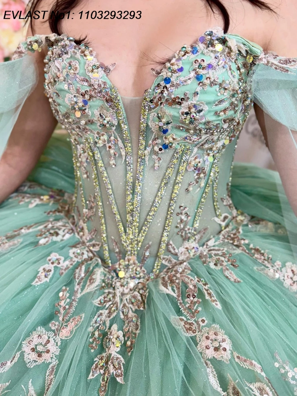 فستان Quinceanera المكسيكي المخصص من EVLAST فستان حفلة مزين بالدانتيل الذهبي مطرز بالخرز كيب سويت 16 فيستدوس دي 15 أنوس E1QN516 #3