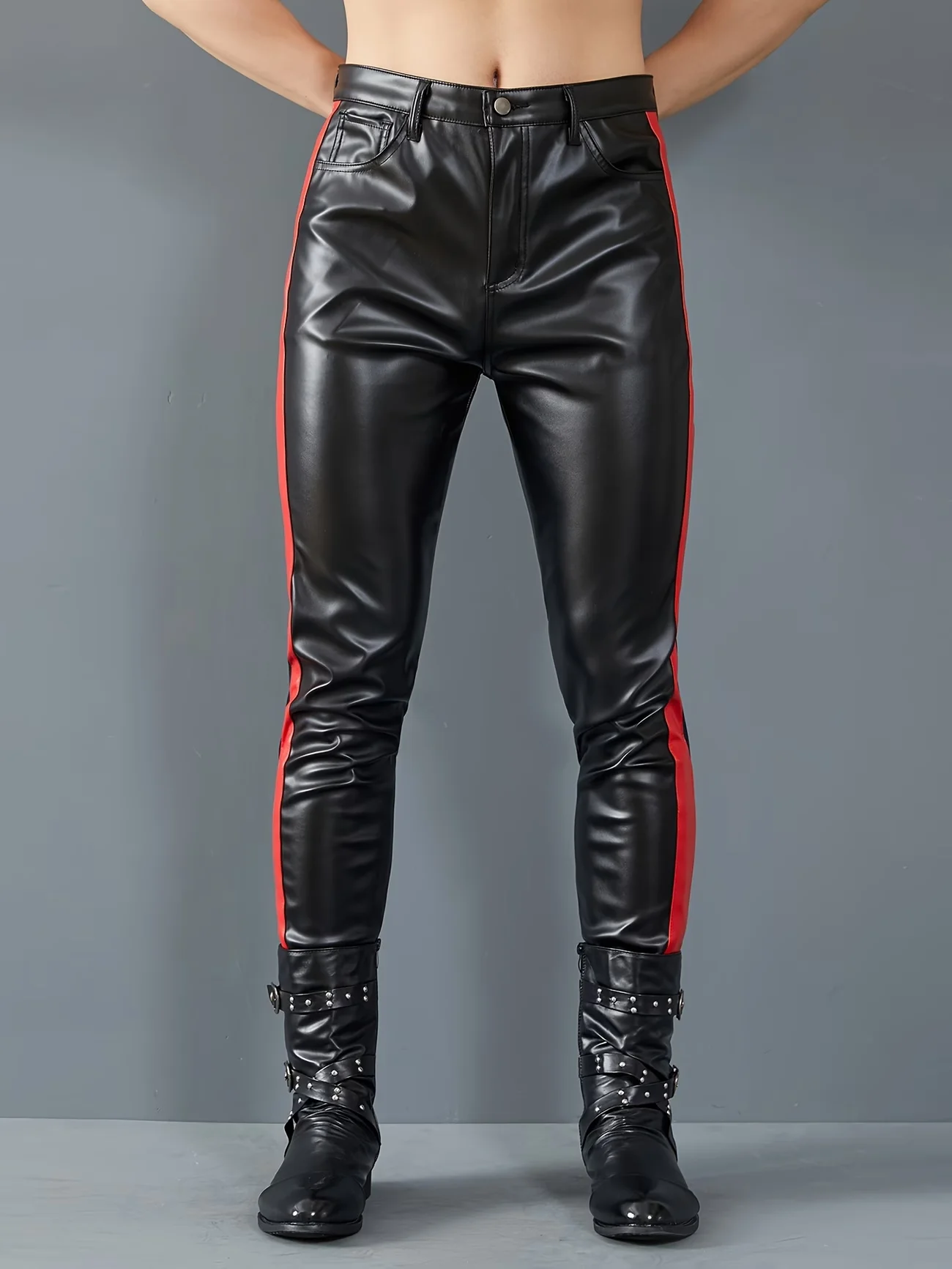 Men Stretchy Patchwork Outdoor Halloween Party Cosplay Biker Motorcycle PU Leather Pants