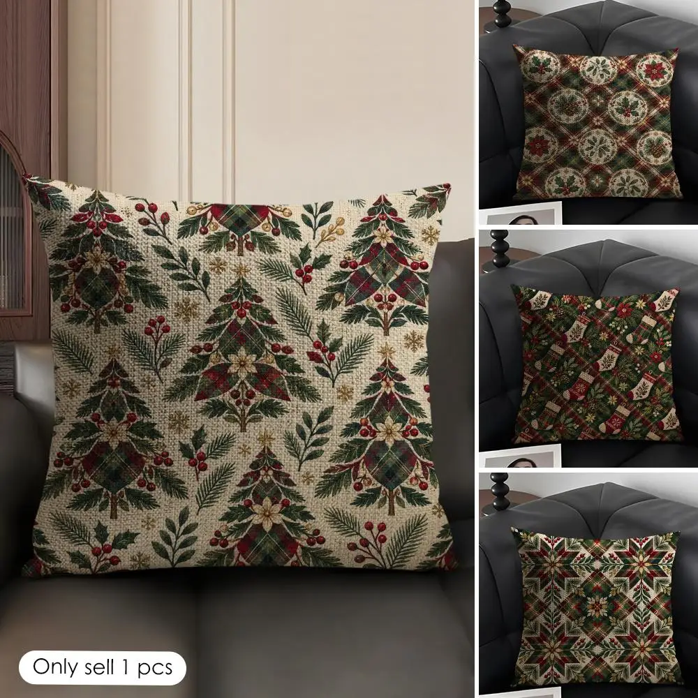 Christmas Plaid Green Gold Cushion Cover Skin-Friendly Organic Linen Pillow Cover Durable Hypoallergenic Washable Soft