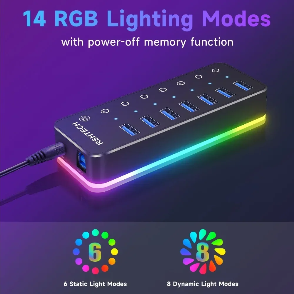 Imagem -03 - Adaptador de Energia Rshttech-alumínio para pc e Laptop Usb c Hub 5gbps Portas Usb 3.0 14 Modo Rgb Led Strip 20w