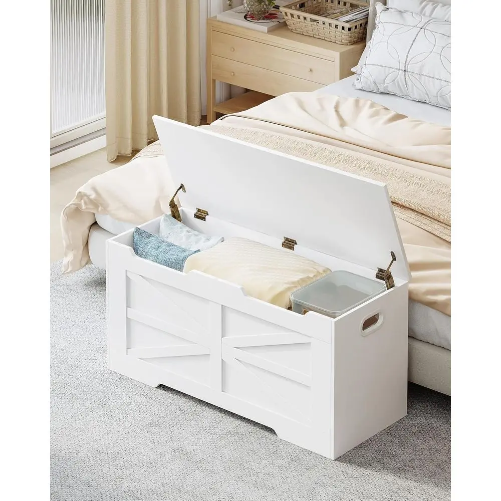 Kotak Penyimpanan Kayu Besar dengan Tutup Angkat, Bangku Organizer Sepatu Putih untuk Pintu Masuk, Kamar Tidur, Ruang Tamu SB03403X