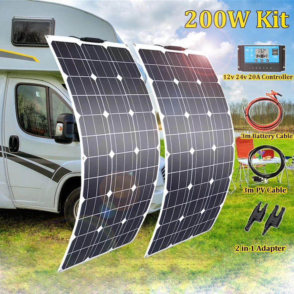 200W panneau solaire flexible kit complet 18V 100W 12V 24V système de charge de batterie Camper RV Home imperméable PWM contrôleur 2.5mm Module de câble Entrepôt de l'UE DHL expédition