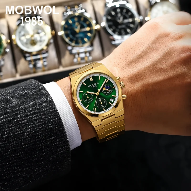 

MOBWOL Original Luxury Watches For Man Multifunctional Chronograph Date Quartz Men's Clock Business Stainless Steel Gold Watch