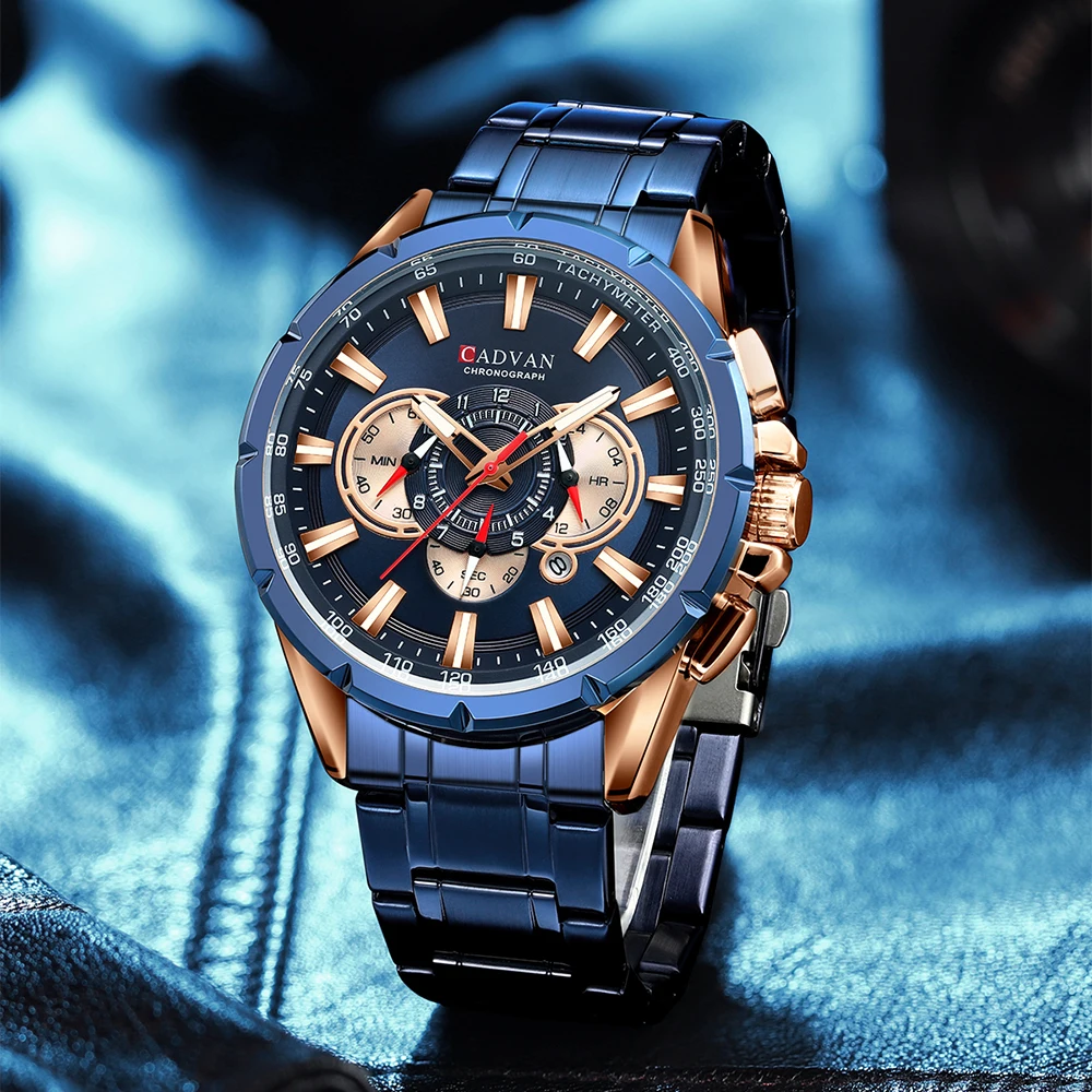 CADVAN Mens Watches Top Brand Luxury Chronograph Quartz Men Watch Waterproof Sport Wrist Watch Men Stainless Steel Male Clock