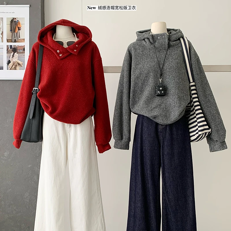 

Oversize Hoodies Long Sleeve Women Pullovers Female 2025 New Autumn Winter Korean Fashion Black Red Wool Blend Fleece Sweatshirt