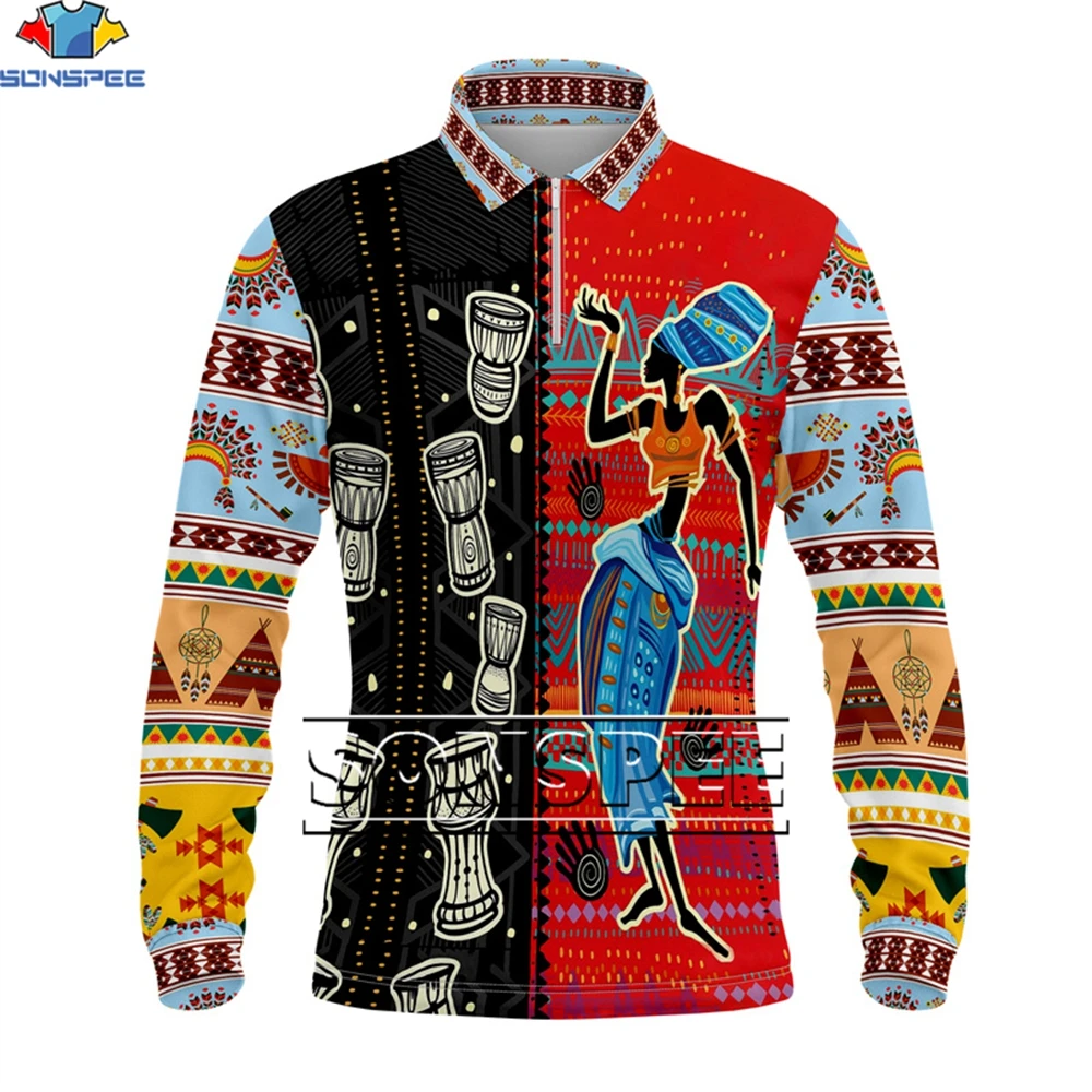 SONSPEE Men's Polo Zipper Shirts African Dashiki Print Long Sleeve Lapel Collar Tops Spring Autumn Thin Tops Vintage Folk Custom