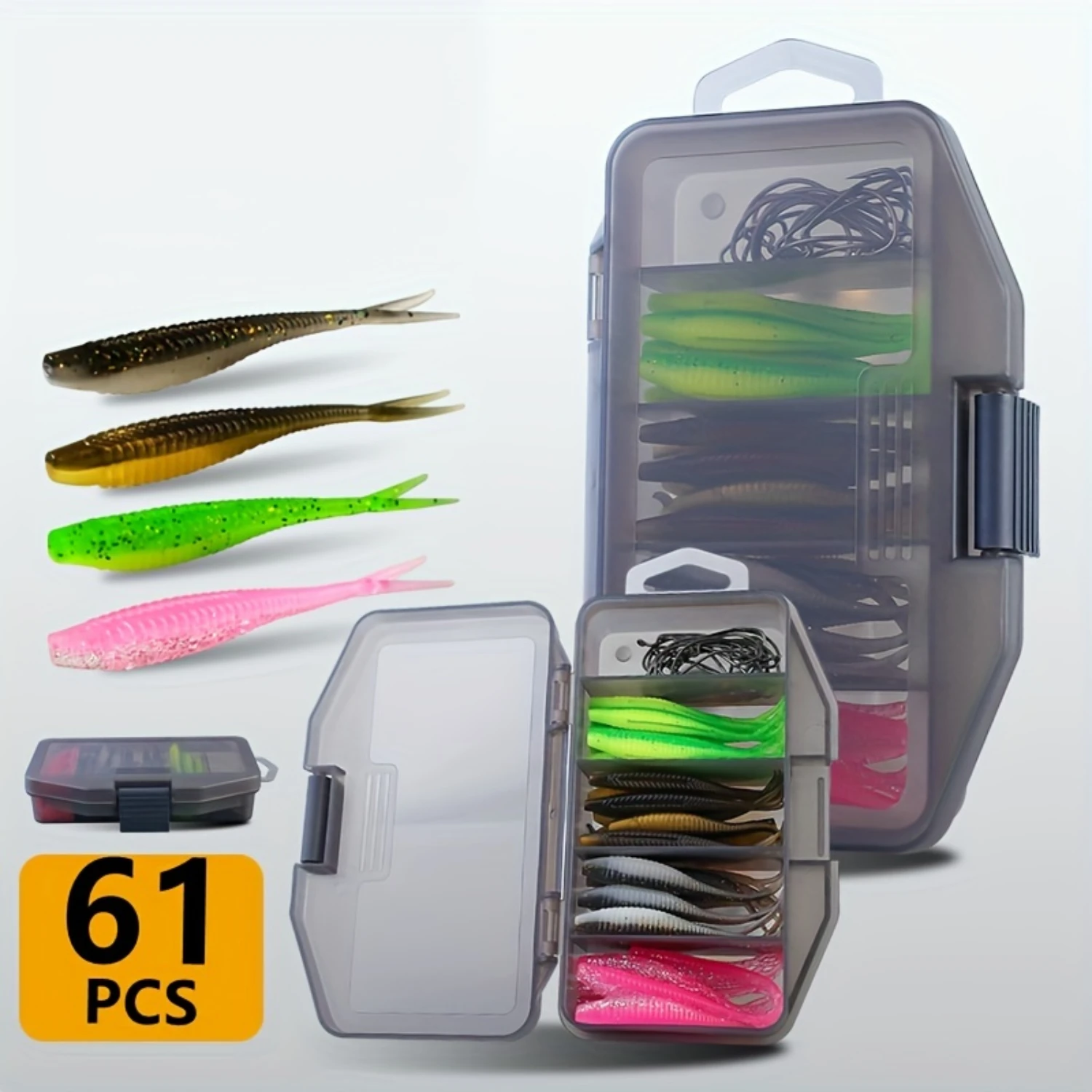 61pcs Soft Fishing Lure Bait Full Set, Artificial Bionic Fake Bait Cutting Tail Fish With Crank Hook, Two-color Fork Tail Fish S