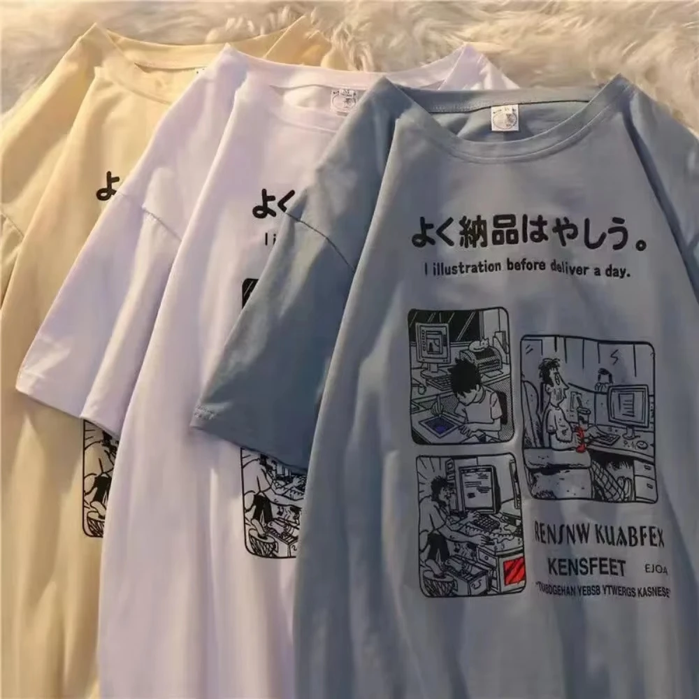 Camiseta de verano estilo Harajuku japonés de manga corta para mujer, estampado retro, informal, de gran tamaño, con cuello redondo