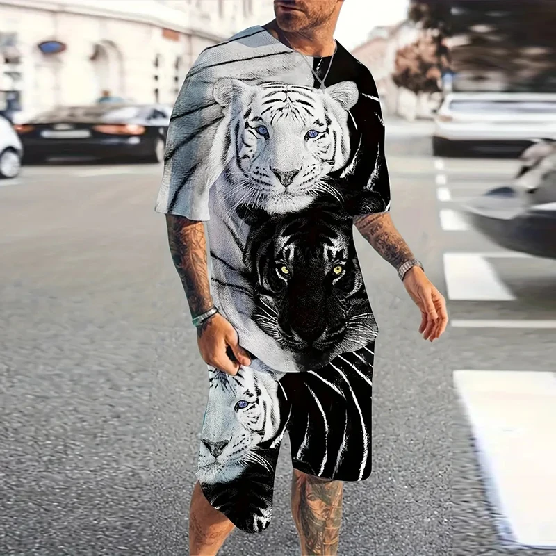 Fashion Men\'s Sportswear Suit Printed Tiger Pattern Oversized Men\'s Top Y2K Style Breathable Fresh Short Sleeve Shorts Suit