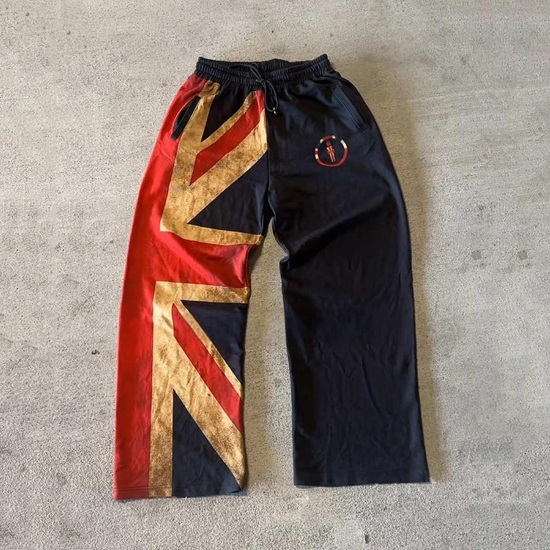 

Autumn High Stretch Dark Pants Personalized National Flag Print Casual Straight through Retro Street Style