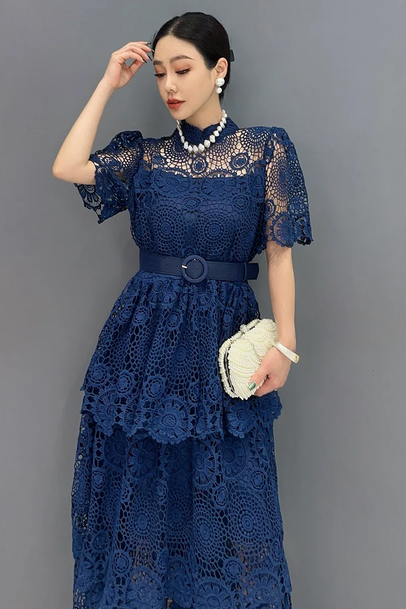 Summer 2024 New Elegant Hook Flower Hollow Lace Loose Long Dresses For Women Fashion Short Sleeve Dress Wholesale