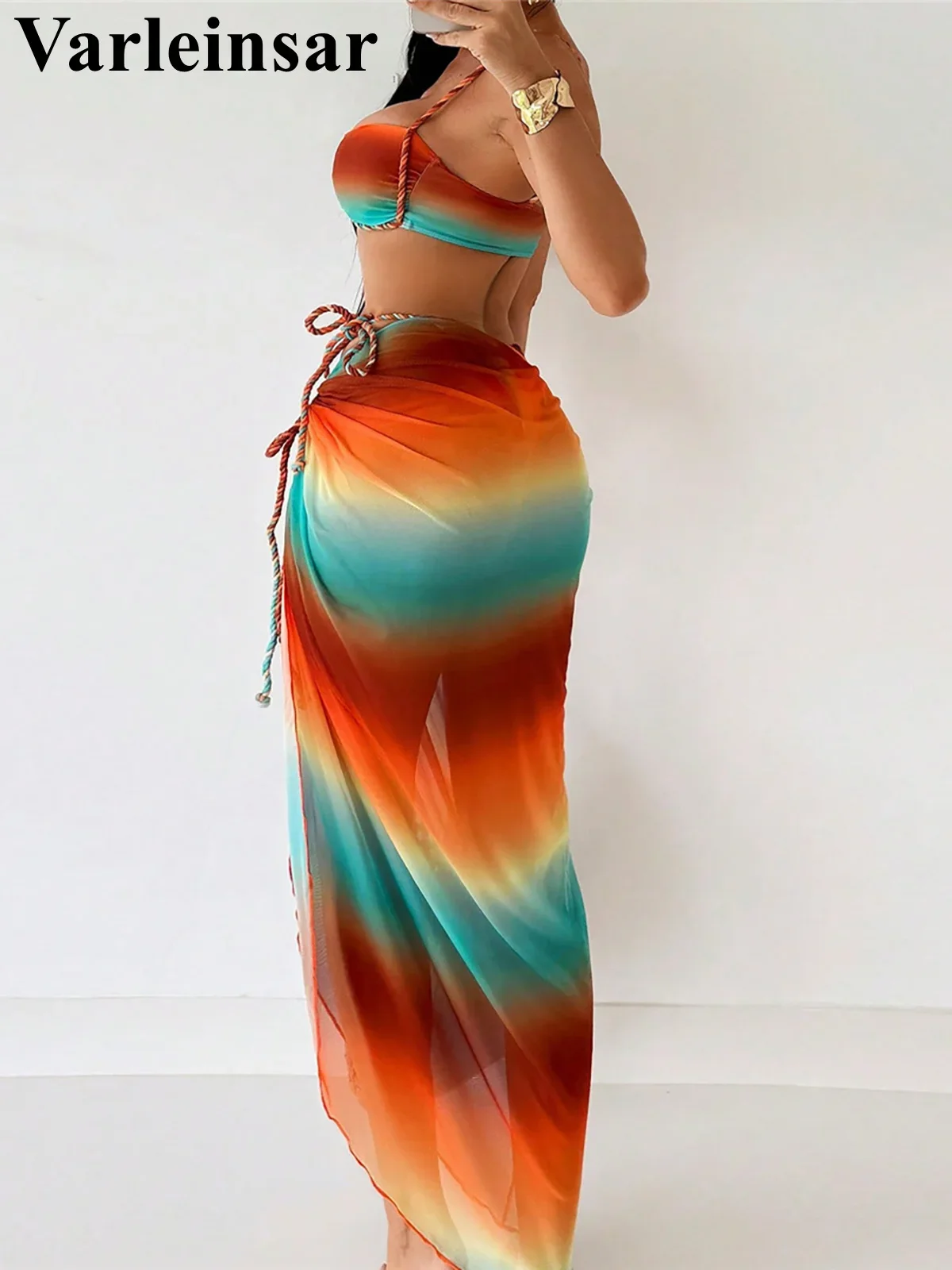 XS - L Colorful With Sarong Halter Bikini Women Swimwear Female Swimsuit Three-pieces Bikini set Bather Bathing Suit Swim V6896