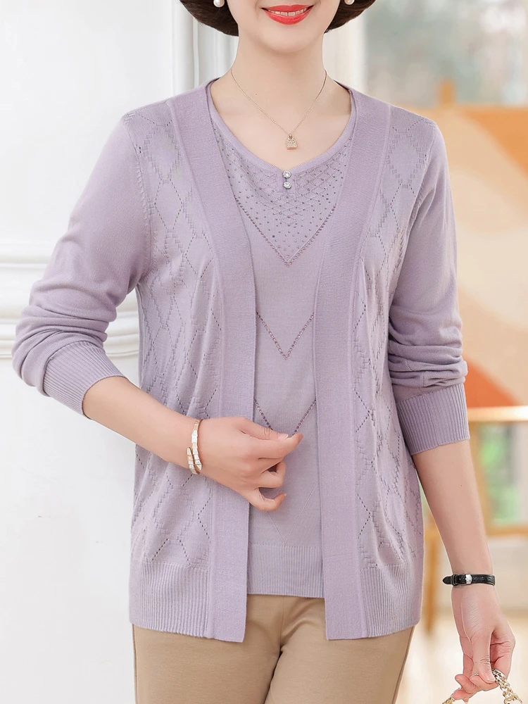 

Solid Two Pieces Sets Sweater Women Spring Autumn Mother Sweater Pull Femm T-shirt+ Cardigans Suit Sweater For Women