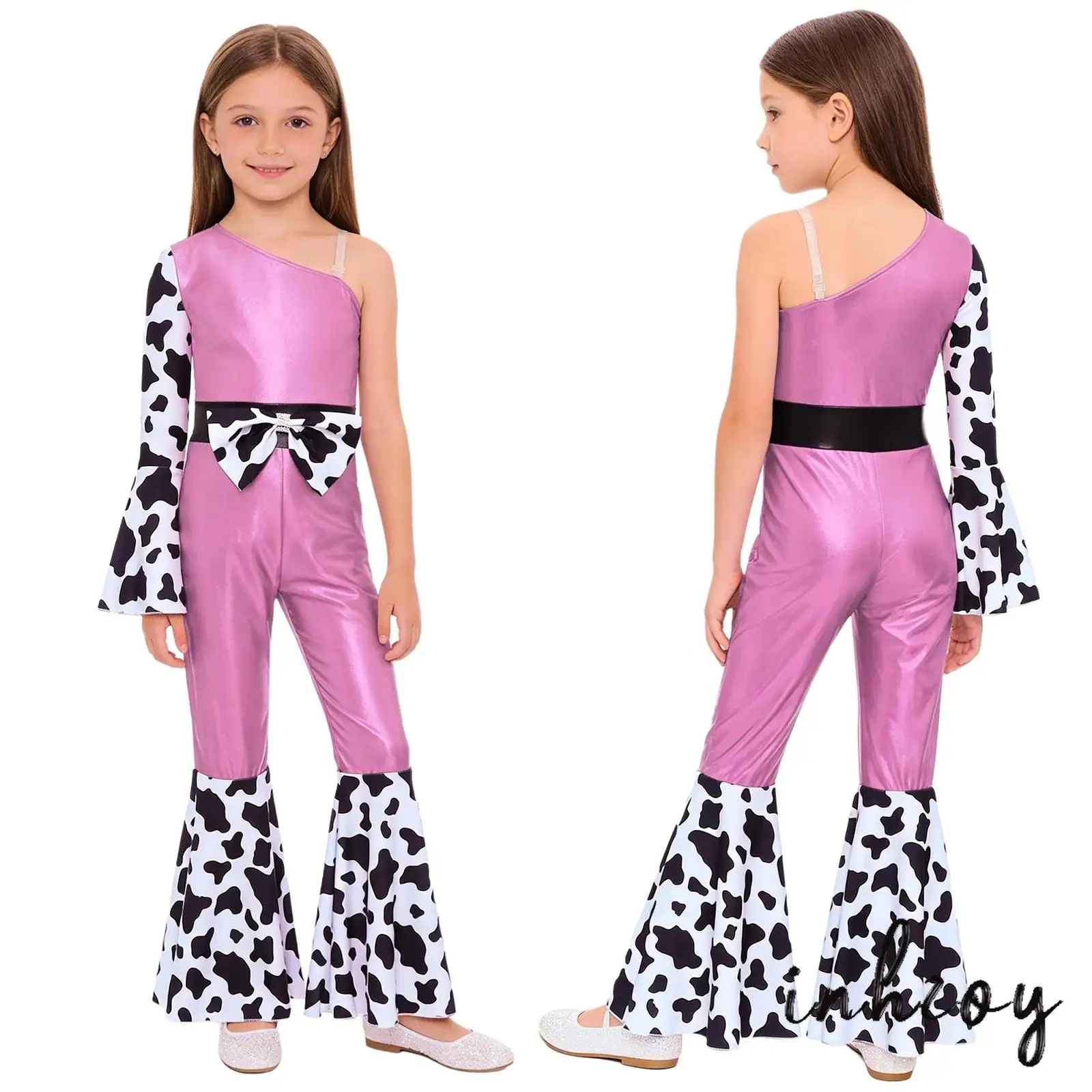 

Halloween Kids Girls Western Cowgirl Jumpsuit Right Metallic Gloss Patchwork Long Bell Sleeve Waist Bow Decor Long Flare Pants