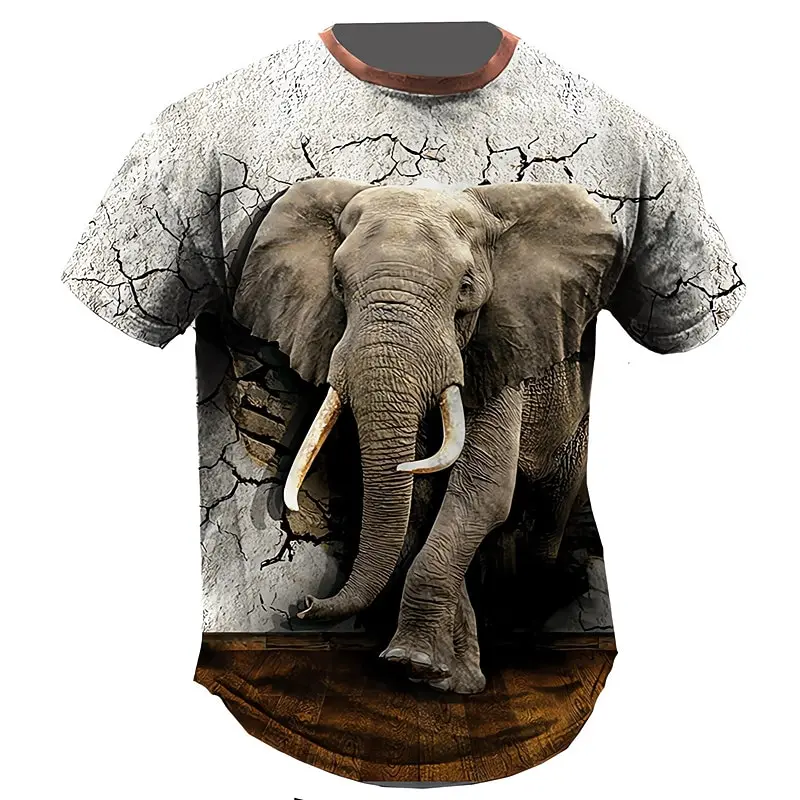 Men's 3D African Elephant Print T-Shirt Wildlife Jungle Animals Cracked Wall Graphic Crew Neck Short Sleeve Tee
