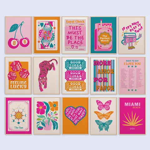 Preppy Wall Art Set di 15 Pink Orange Teal Teen Girl Room Maximalist Poster e stampa Decorazioni con dopamina Dormitorio eccentrico Immagini Y2k