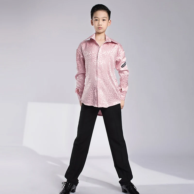 

Kids Ballroom Dancing Performance Costume Boys Leopard Shirt Black Pants ChaCha Latin Waltz Dance Performance Outfit DL11685