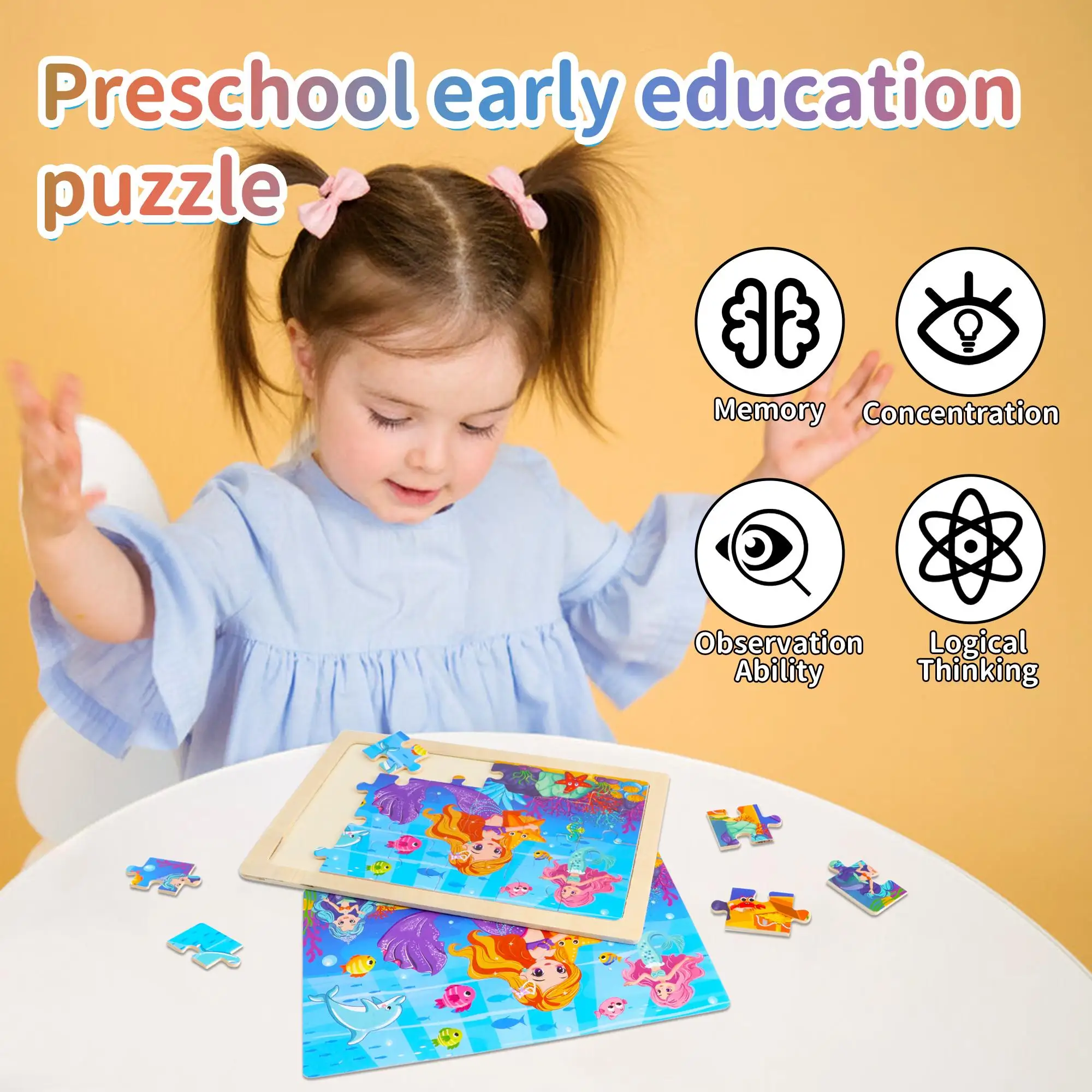 Puzzle in legno per bambini di età compresa tra 3 e 6 anni, design fata sirena principessa unicorno, giocattolo educativo, gioco di apprendimento prescolare in confezione da 4