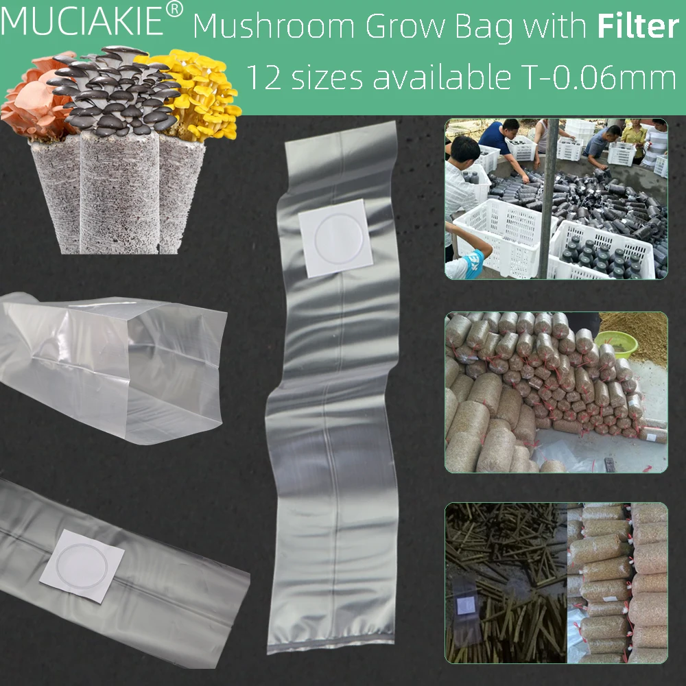 12 Sizes PVC Mushroom Spawn Grow Bags with 0.5 Micron Filter for Mushroom Cultivation Growing Substrate High Temp Pre Sealable