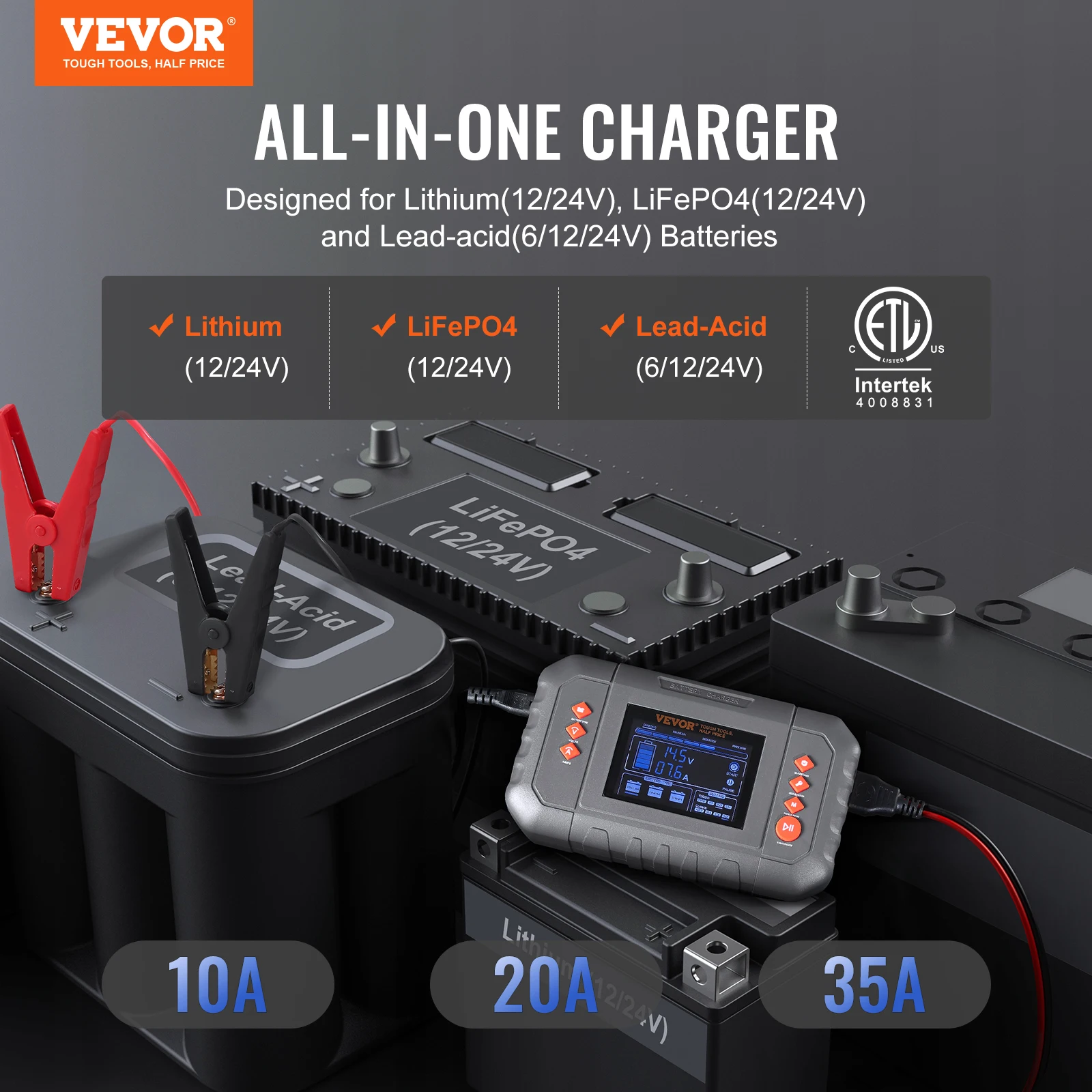 VEVOR Car Battery Charger, 35-Amp, Lithium LiFePO4 Lead-Acid (AGM / Gel / SLA) for Boat Motorcycle Lawn Mower Deep Cycle