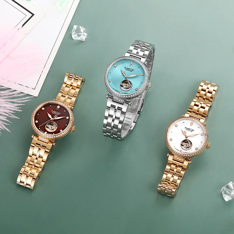 MIGE Orologi di marca di lusso da donna Orologi da polso meccanici da donna impermeabili con diamanti a carica automatica in acciaio inossidabile