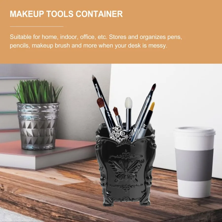 กระปุกใส่แปรงแต่งหน้าอะคริลิคสีดำ ที่เก็บแปรงเครื่องสำอางพร้อมตกแต่งรูปผีเสื้อ สำหรับเครื่องมือแต่งหน้า ดินสอ และปากกา