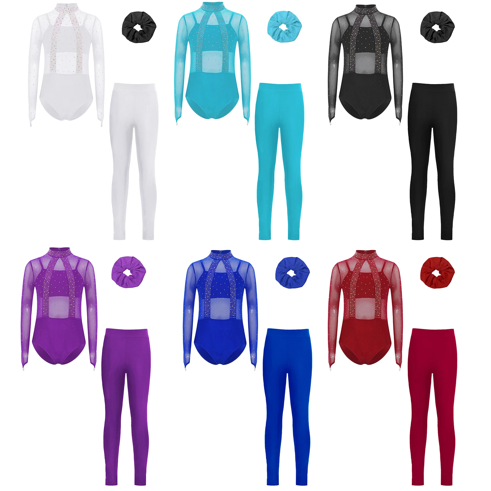 Kids Girl Skating Gymnastics Ballet Dance Costume 4-piece Long Sleeve Rhinestones Mesh Bodice Leotard+Camisole+Leggings+Hairband