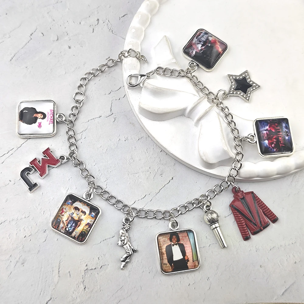 Michael Jackson Themed Charm Bracelet MJ Singer Multiple Decor Pendant Adjustable Link Bracelet Rock Punk Jewelry Accessory Gift