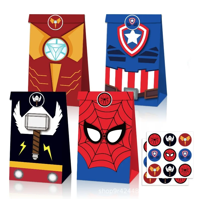 

Marvel Spider Man Party Candy Gift Bag Iron Man Movie Cool Halloween Birthday Party Paper Box Bag Kids Gifts Sealing Tape Set